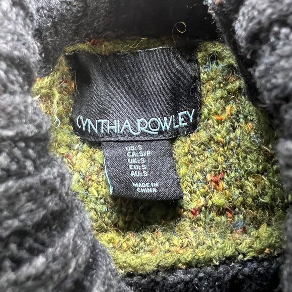 Cynthia Rowley Green Speckled Turtleneck Sweater Small Charcoal Trim Cozy - Picture 8 of 11